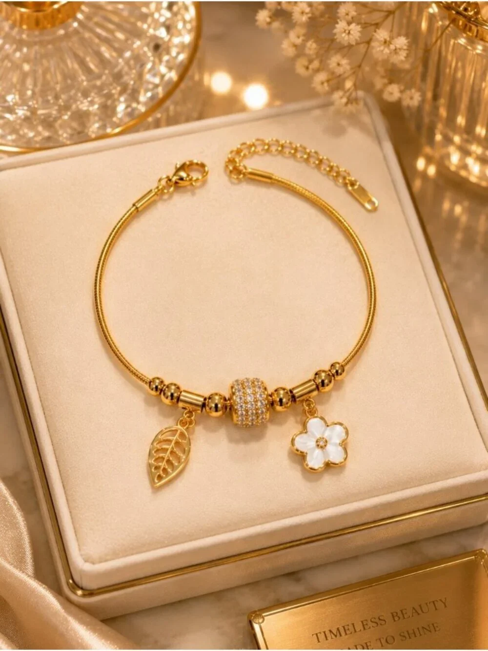 Gold Floral & Leaf Charm Bracelet